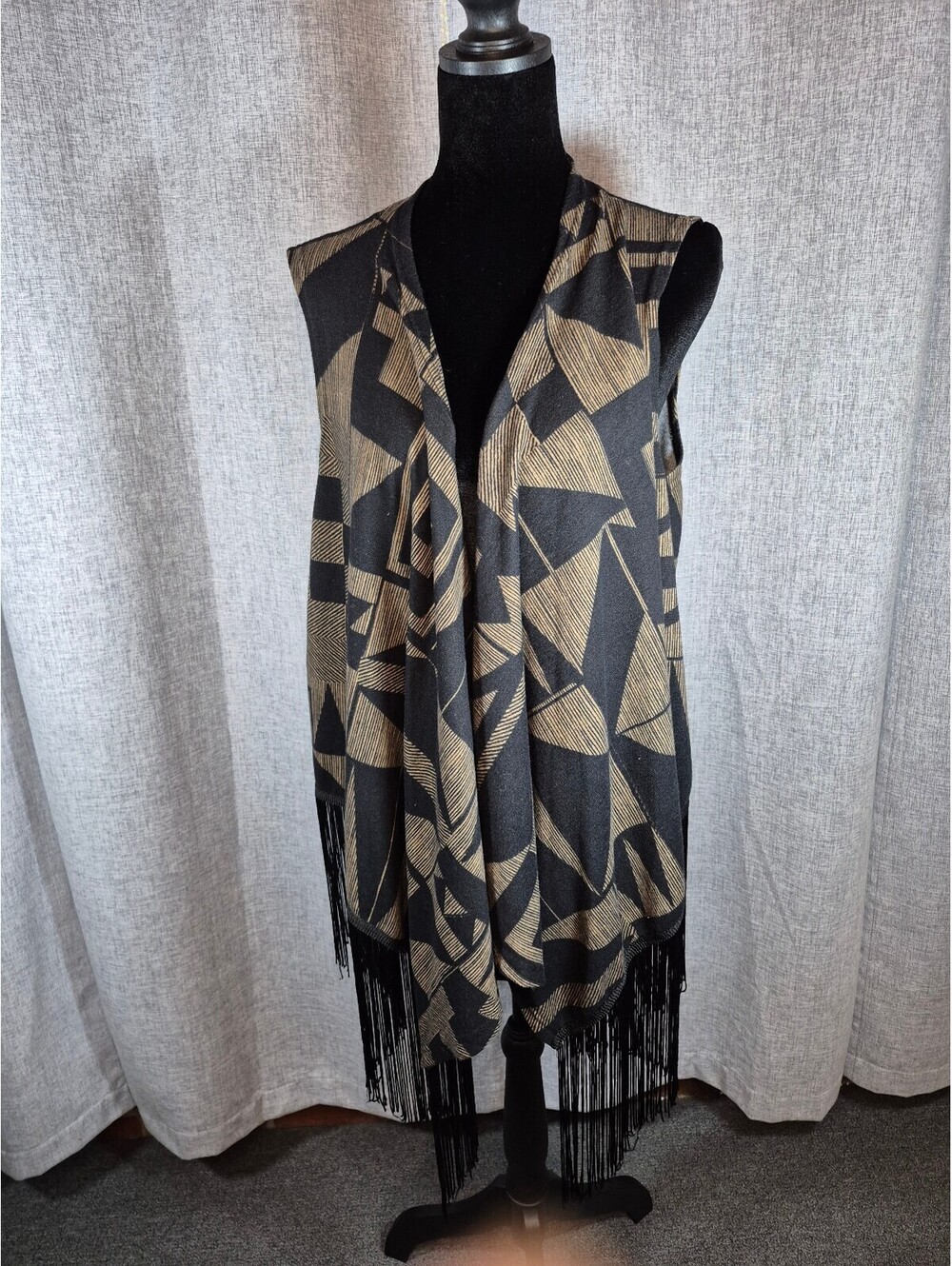 Westbound Women’s Geometric Waterfall Fringe Vest Black Tan Size Large